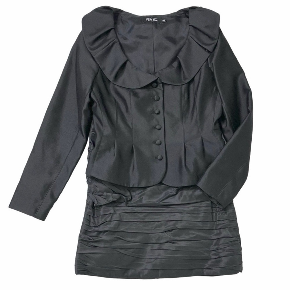 VTG Rickie Freeman Teri Jon Silk Wool Ruffle Jacket & Skirt Suit‎ Set Gray Sz 6
